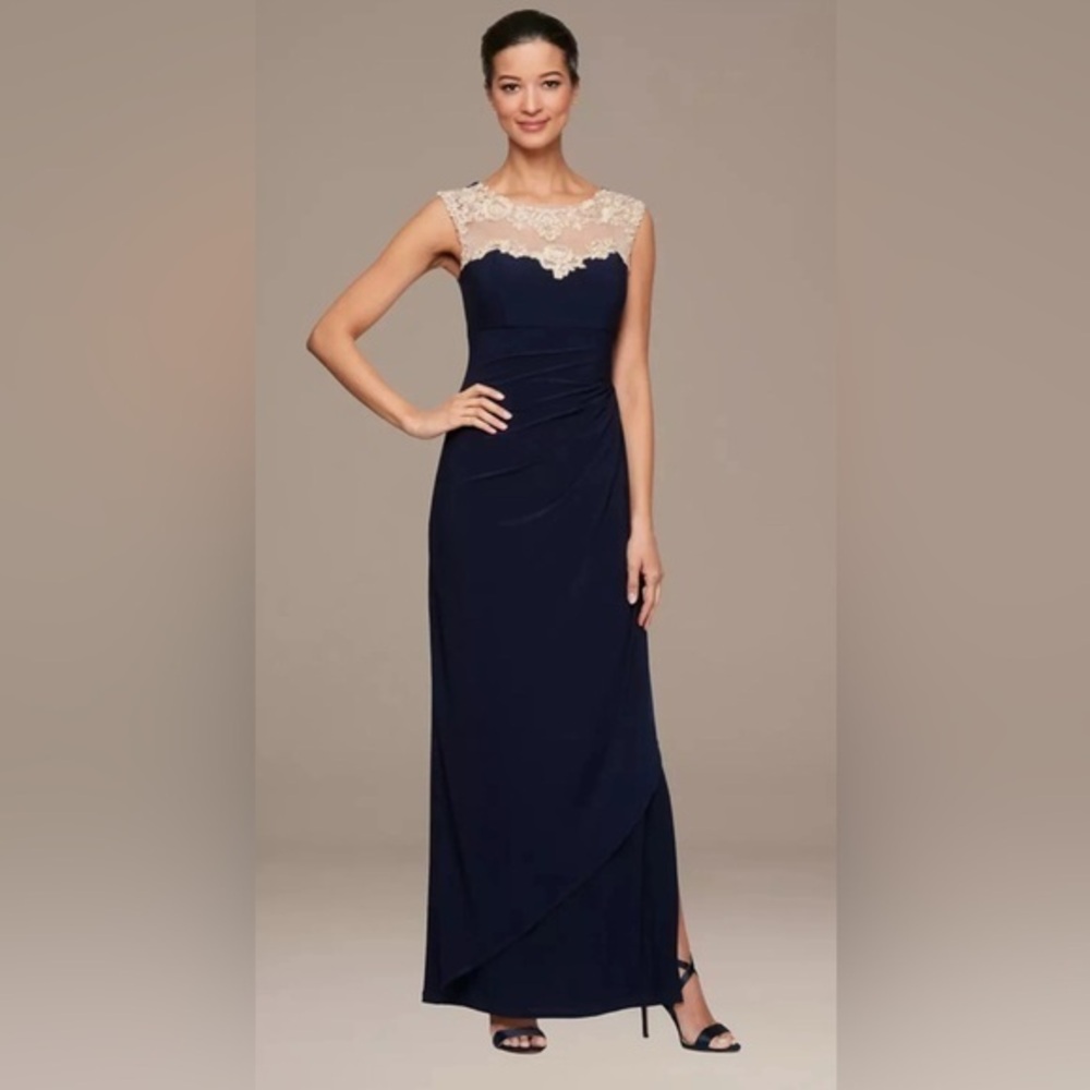 Alex Evenings Blue Petite Crepe Dress Sweetheart Embroidered Lace Neckli…